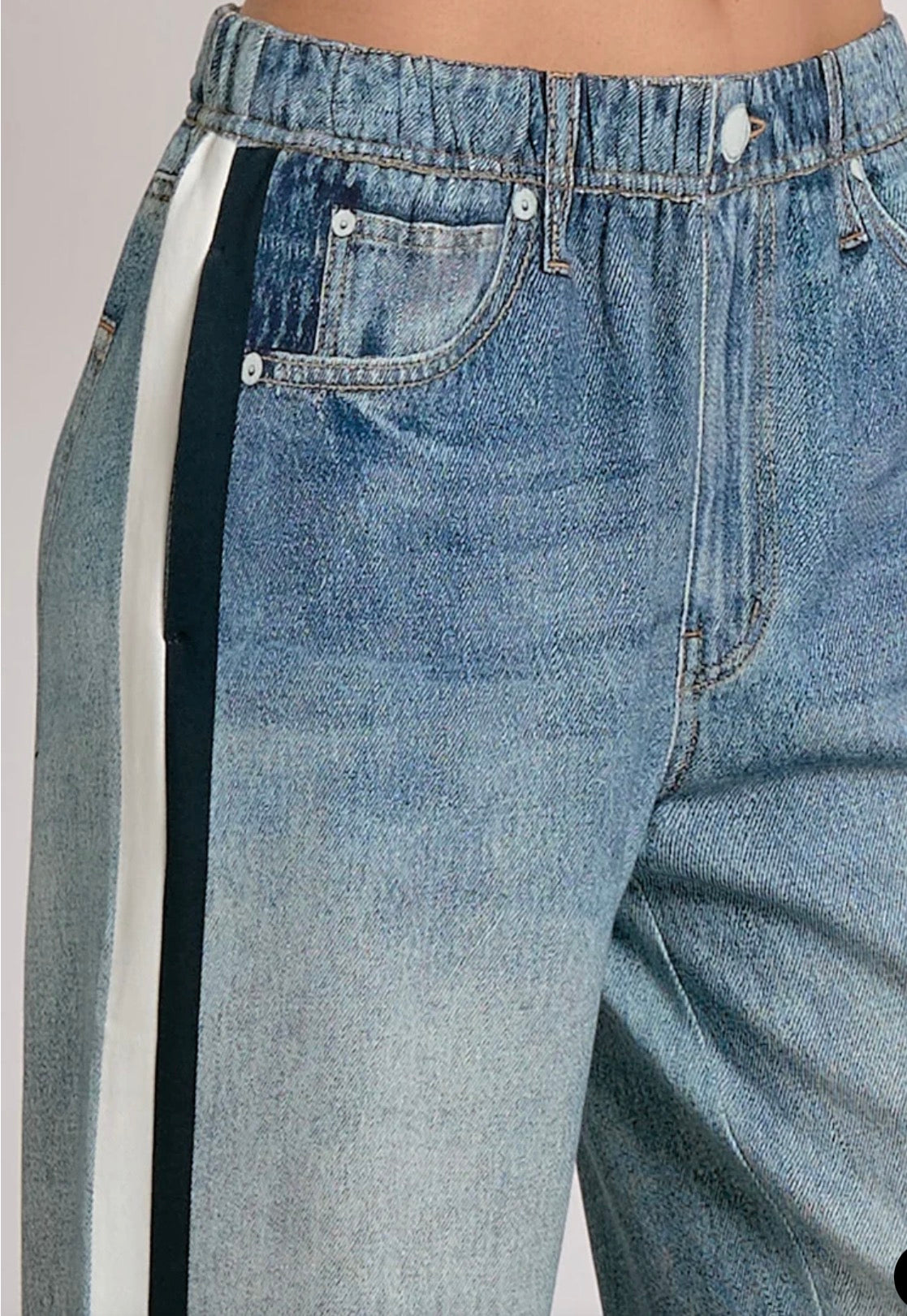Elan’s NEWEST version of their super soft sweatpant loose fit jeans with navy and white side stripes