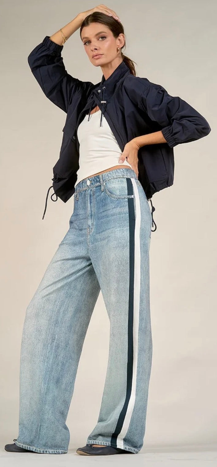 Elan’s NEWEST version of their super soft sweatpant loose fit jeans with navy and white side stripes