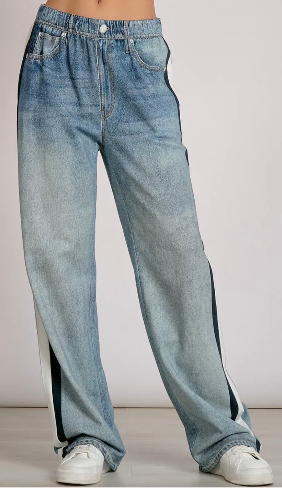 Elan’s NEWEST version of their super soft sweatpant loose fit jeans with navy and white side stripes