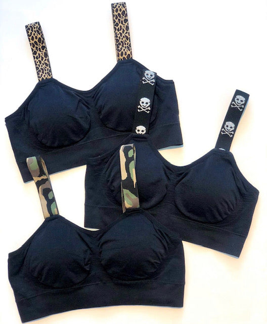 TOP SELLER! Strap it bras with attached straps - black with silver skulls - Lisa’s Northbrook