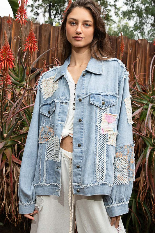 Denim jacket with netting and patches all over