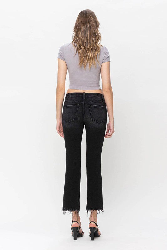 Cropped distressed flare with stretch, mid rise