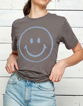 Load image into Gallery viewer, Grey tee with blue smiley face
