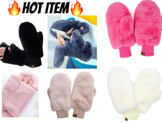 CC super soft faux fur pop top mittens with sherpa lining