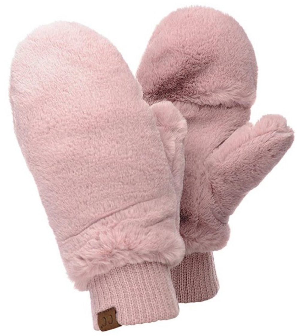 CC super soft faux fur pop top mittens with sherpa lining