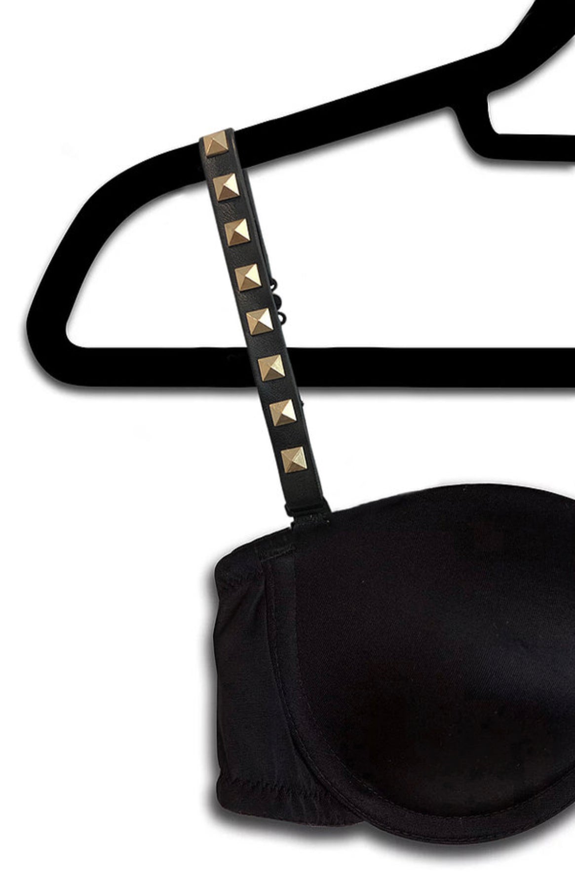 TOP SELLER, RESTOCKED AGAIN! Strap It bras with interchangeable straps...click Strap It bras tab to see attached strap options and also plus size! - White bra with black leather strap with gold square studs - Lisa’s Boutique