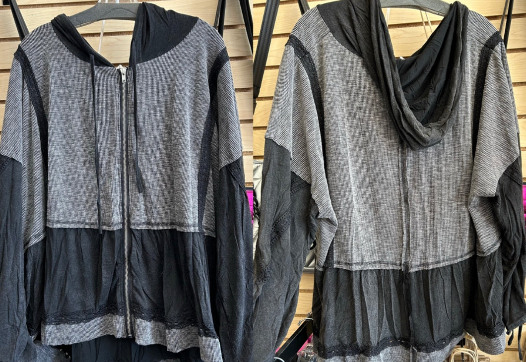 Plus size loose fit lightweight 2 tone black/grey zip hoodie