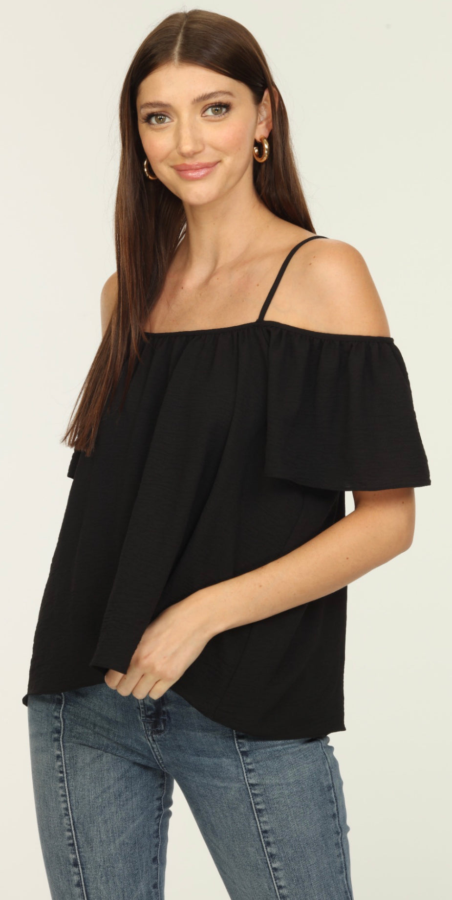 Veronica M black short sleeve open shoulder top (looks great paired with a Strap Its bra)