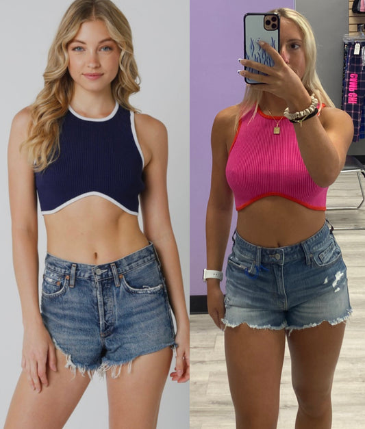 Crop tank with arch bottom and contrast trim (2 colors) New colors in top selling style!