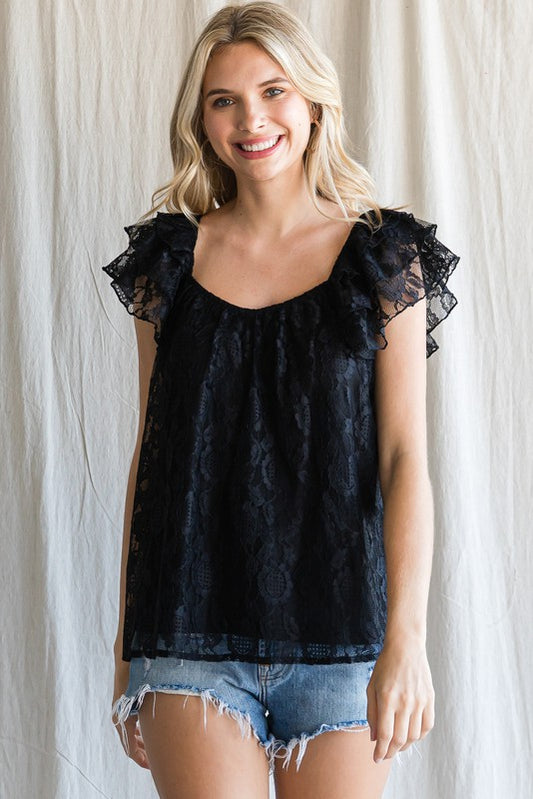 Black ruffled lace on or off shoulder top