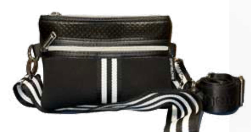 HOT ITEM! Neoprene multi use bag (crossbody, belt bag, shoulder bag or chest bag!) - Black with white stripe (on front of bag) - Lisa’s Boutique