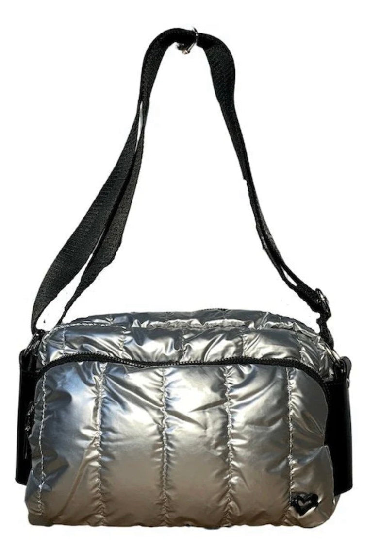Puffer crossbody bag in black or silver