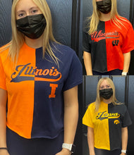 Load image into Gallery viewer, Custom college split tee (can make for ANY school) IN STOCK AND CUSTOM ORDER
