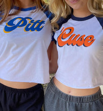 Load image into Gallery viewer, Custom college crop baseball tee (can make for ANY school)

