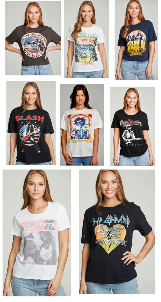 Chaser new graphic tees! Great alone or layered under jackets, cardigans, shackets, etc!