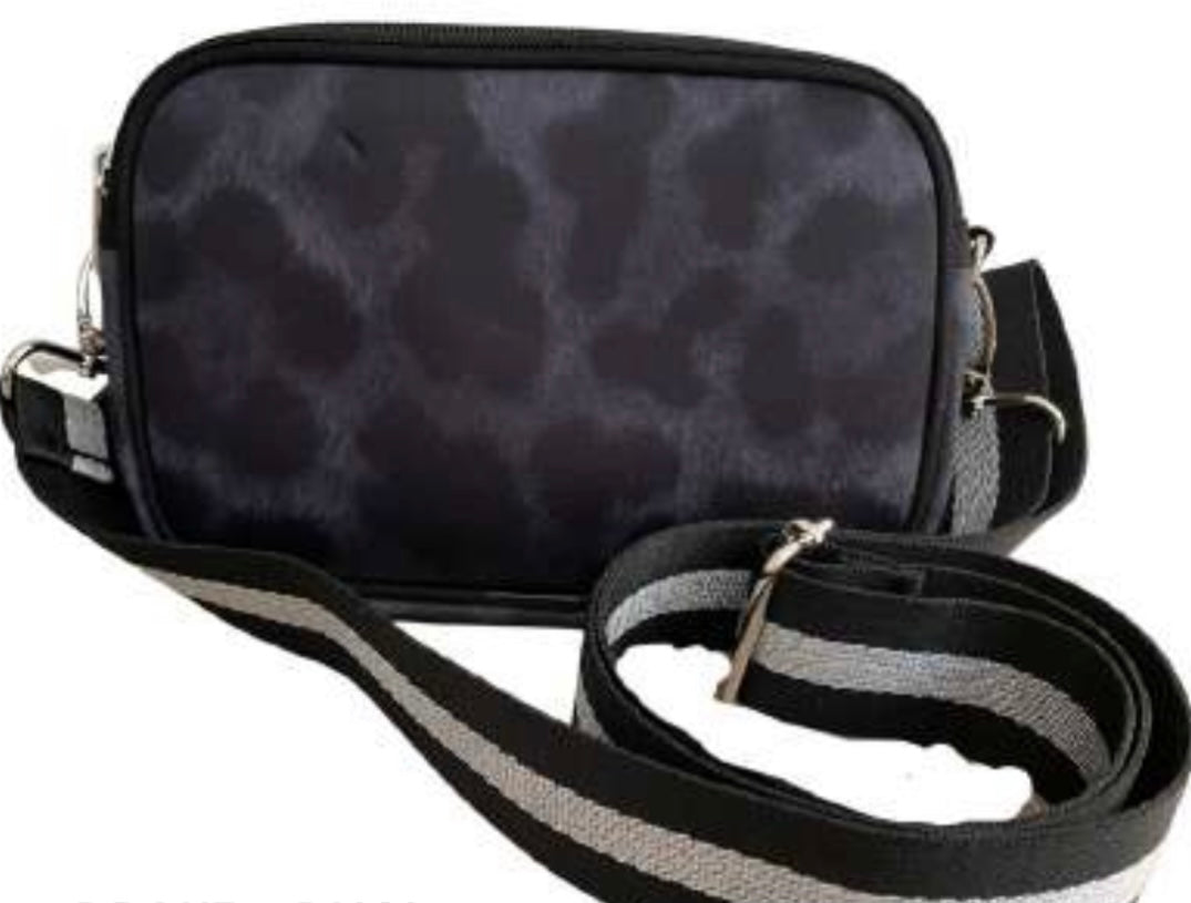 HOT ITEM! Neoprene multi use bag (crossbody, belt bag, shoulder bag or chest bag!) - Black leopard (shown with black/white stripe strap) - Lisa’s Boutique