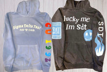Load image into Gallery viewer, Due to high volume of orders, all orders placed for this item will now arrive end of June. Custom college Mad happy sweatshirt with hood (can make for ANY school/sorority) - Lisa’s Northbrook
