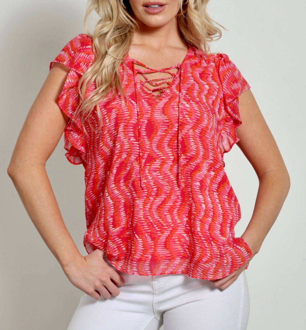Veronica M coral print laceup top with flutter sleeves