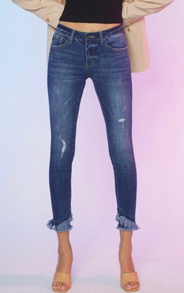 RESTOCKED AGAIN! Mid rise ankle skinny with fray bottom (lighter wash sold separately on website)