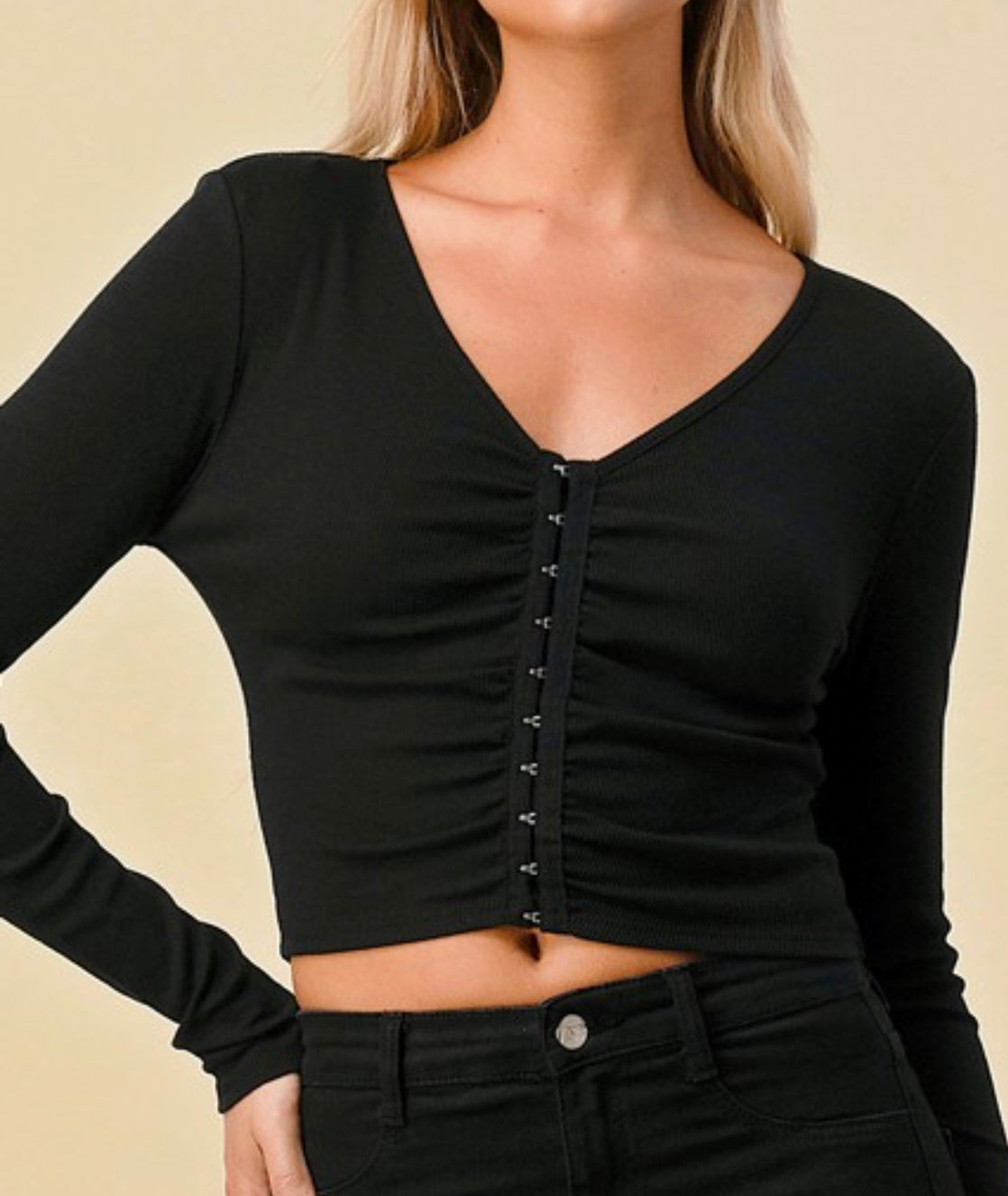 Black hook and eye crop top, great with skirts or jeans!