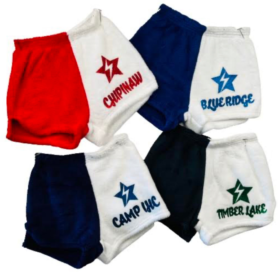 Custom camp fuzzy soft shorts (can make for ANY camp, ANY color) matching hoodies are also available