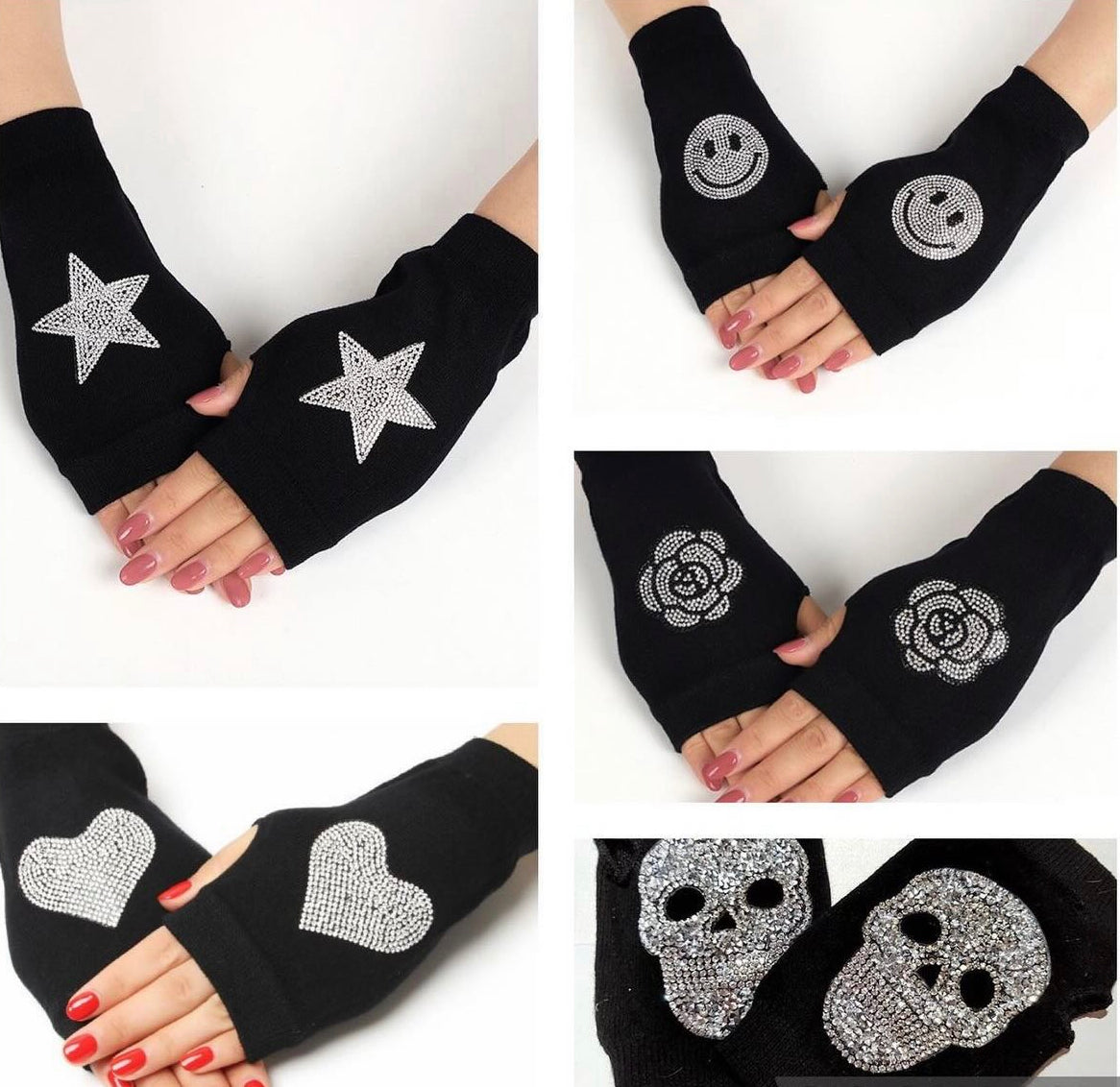 Fingerless gloves with crystal design (assorted designs)
