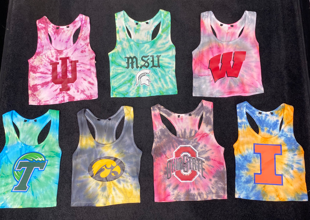 Custom college tie dye crop racerback (can make for ANY school or camp)