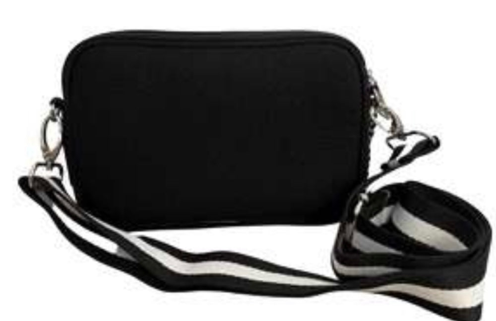 HOT ITEM! Neoprene multi use bag (crossbody, belt bag, shoulder bag or chest bag!) - solid black with black/white stripe strap - Lisa’s Boutique