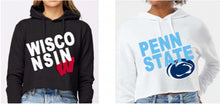 Load image into Gallery viewer, Custom college varsity town soft &amp; cozy cropped hoodie (can make for any school)
