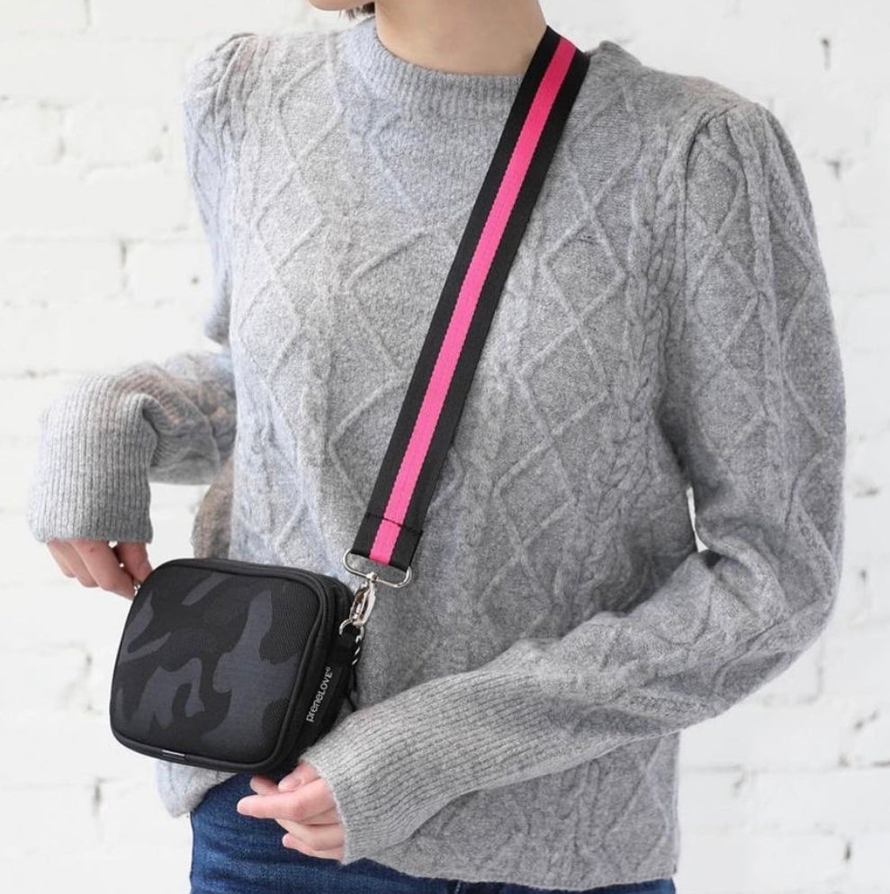 HOT ITEM! Neoprene multi use bag (crossbody, belt bag, shoulder bag or chest bag!) - Black camo (shown with pink/black stripe strap) - Lisa’s Boutique