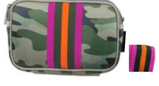 HOT ITEM! Neoprene multi use bag (crossbody, belt bag, shoulder bag or chest bag!) - Green camo with orange and pink stripes - Lisa’s Boutique