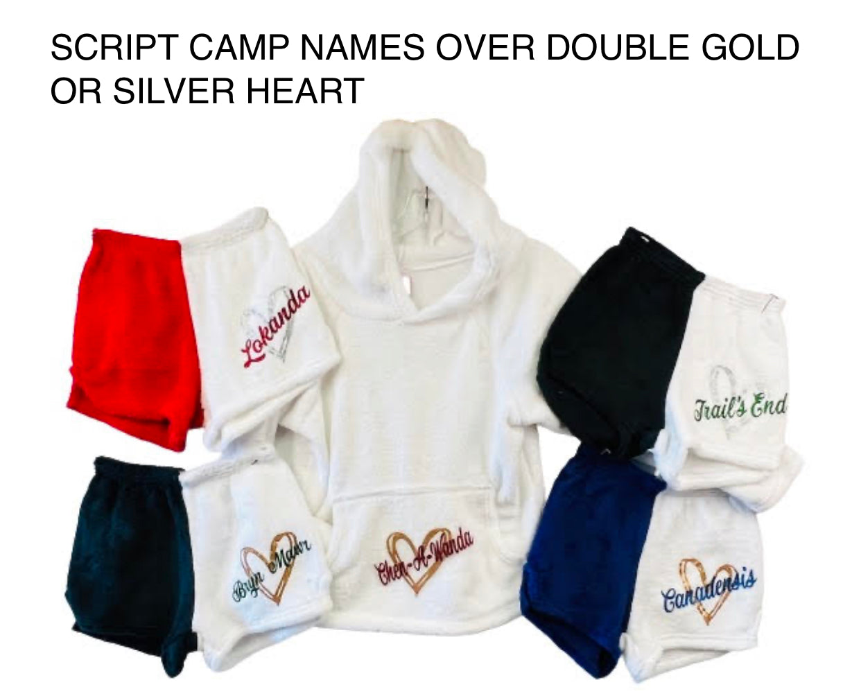 Custom camp fuzzy soft shorts (can make for ANY camp, ANY color) matching hoodies are also available